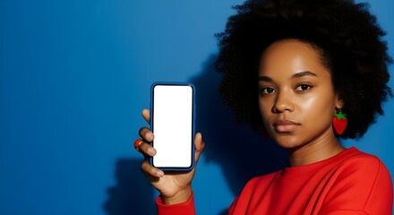 Young Black woman holding smartphone with blank white screen mockup on vibrant blue background