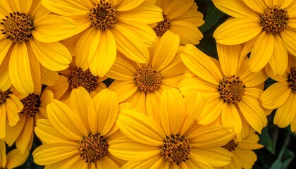 Close-up of bright yellow flowers in full bloom.  Abundance of petals. Vivid sunlight exposure