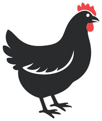 Stylized black hen illustration with red comb and wattle, profile view