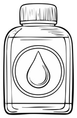 Black and white line art illustration of a generic rectangular bottle with a water drop symbol
