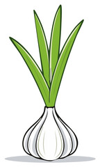 Vivid Cartoon Garlic Bulb with Fresh Green Shoots Illustration