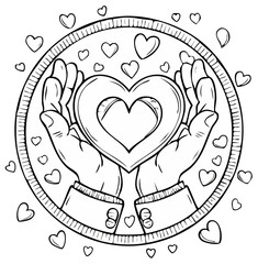 Hands Holding Heart in Circle Line Art for Valentine's Day Coloring Page