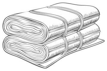 Detailed monochrome line artwork displaying two stacked textile rolls bound with strips, reminiscent of freshly laundered fabrics.