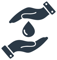 Protecting liquid icon, two hands cupping a drop symbol, conservation gesture, donation illustration, eco awareness graphic, simple conceptual artwork