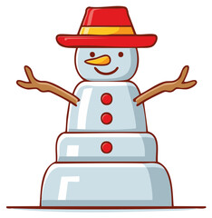Cheerful vector snowman illustration wearing a red hat with twig arms and button details