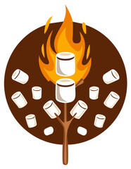 Marshmallows roasting over campfire flames, illustration