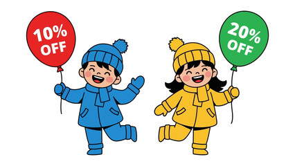Winter Sale Balloons: Two cheerful children, bundled up in cozy winter wear, gleefully hold balloons offering enticing percentage-based discounts. A playful scene representing savings.