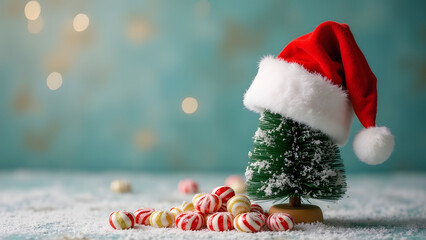 A miniature artificial Christmas tree with a red Santa hat stands against a blue background with a festive dusting of snow and brightly colored caramel candies surrounding it.