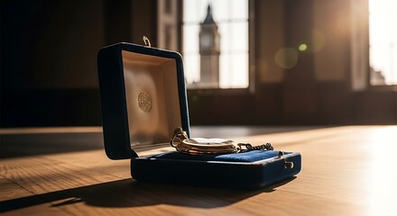 Open jewelry box on wooden surface with Big Ben in background.