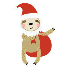 Sloth in a Santa Claus hat, carrying sack isolated on transparent. Hand drawn flat vector illustration. Cute cartoon character. Traditional Christmas, New Year design element, clip art