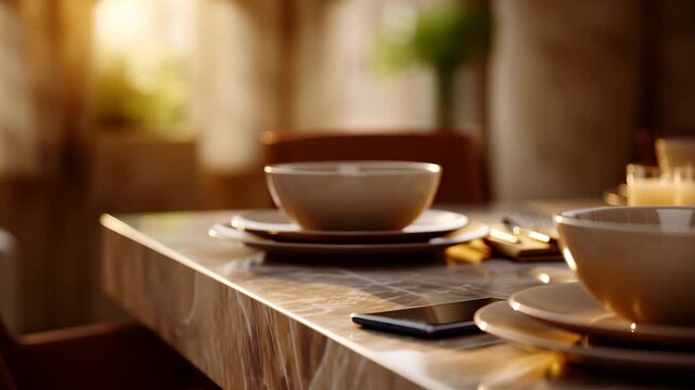 Morning sun shines on simple breakfast setting on the table