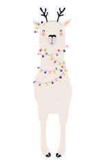 Llama with antlers, decorated with Christmas light isolated on transparent. Hand drawn flat vector illustration. Cute cartoon character. Traditional Christmas, New Year design element, clip art