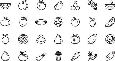 Fruits and Vegetables Line Art Icons Set — Minimal Black Outline Vector Collection