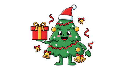 Festive Cartoon Christmas Tree: A cheerful cartoon Christmas tree, adorned with twinkling lights and festive decorations, happily presents a gift.