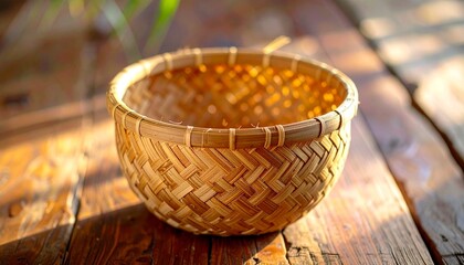 Fototapeta premium Bilao; A Woven Filipino basket made from bamboo, rattan, and palm leaves, showcasing traditional handcraft, cultural heritage, artisanal weaving, and tropical charm.