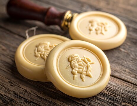 Close-up of beige wax seals with a relief design, and a wooden handle on a wooden surface