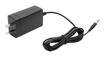 Black AC Power Adapter Product Shot isolated on white background with coiled cord and DC plug