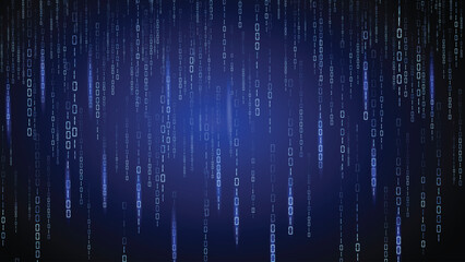 Binary numbers fall like digital rain on a blue background. Futuristic cyber stream, abstract tech pattern, software code, matrix effect and information security design. Vector illustration