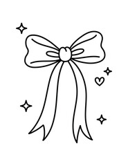 A simple black and white line drawing of a decorative bow with flowing ribbons and sparkles, vector illustration