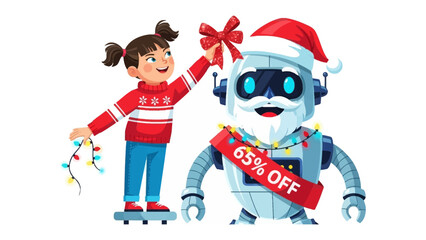 Holiday Gifting: An animated young girl and a robot celebrate the festive season with a bow on robot head, set against a cheerful backdrop of Christmas lights and a cheerful 65% OFF banner.