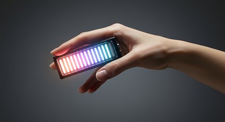 Close-up of a hand holding a glowing, rectangular device with color-changing light bars