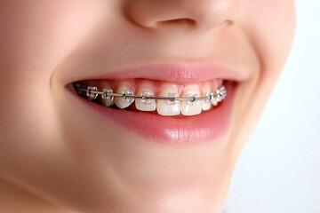 Obraz premium Close-up of a smiling kids mouth with braces, showing dental care, orthodontic brackets and healthy teeth, generative ai