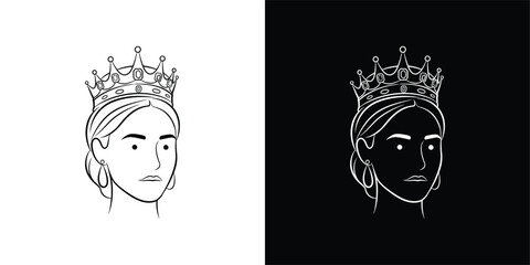 Queen Portrait Line Art Vector, Black and White Minimal Illustration of Woman Wearing Crown for Royalty, Fashion, and Feminine Design