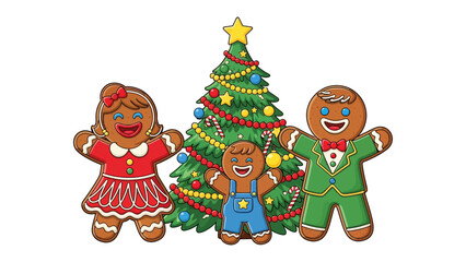 Gingerbread Family Christmas: A charming gingerbread family, including a mother, father, and child, stand before a beautifully decorated Christmas tree.