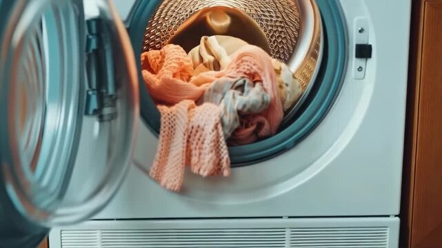 A washing machine packed with clothes and linen of different colours and textures. Illustration for articles on household appliances, clothing care, water and energy saving, as well as for advertising