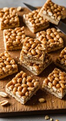 Delicious peanut brittle squares on wooden cutting board - perfect for snack time and desserts
