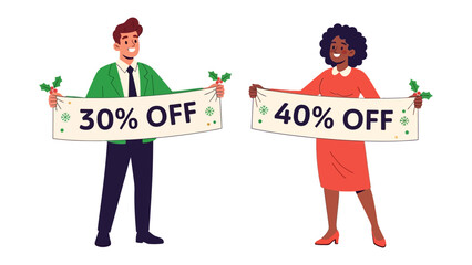 Sales Promotion Duo: A man and woman proudly display discount banners. This vibrant illustration highlights the promotional offers. It's a visual metaphor for deals.