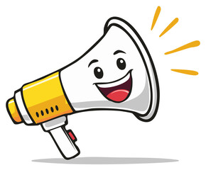 Smiling yellow and white cartoon megaphone with sound waves for announcements and promotional messaging concepts