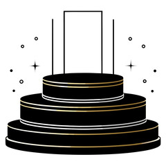 Black and gold tiered platform with rectangular frame and sparkles