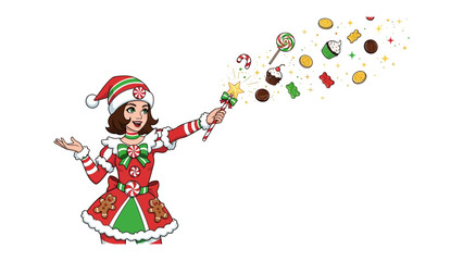 Holiday Elf's Sweet Delight: An elf, donned in festive attire, creates a magical moment as an array of candies and treats burst from a wand, capturing the pure essence of the season's sweet joy.