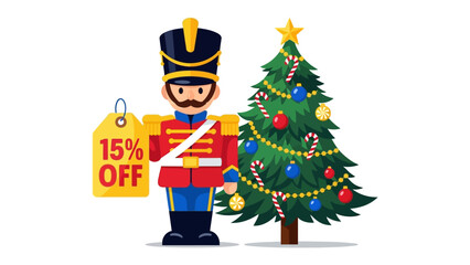 Holiday Cheer with a Discount: A charming toy soldier stands proudly beside a beautifully decorated Christmas tree, offering a generous 15% discount, perfect for holiday shopping.