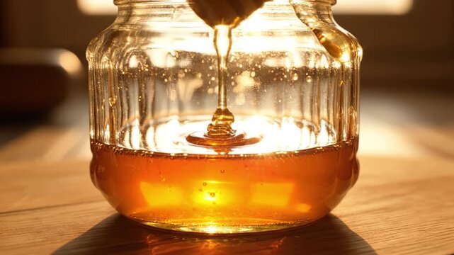 Golden honey in glass jar glistens under warm sunlight, showcasing rich amber color and smooth texture, evoking natural sweetness and warmth in every drop of this delightful liquid