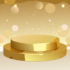 Empty Golden Podium With Bokeh Lights And Bubbles stage
