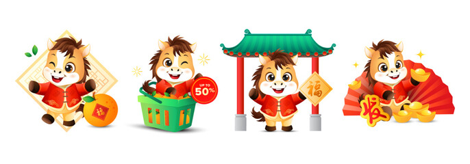 Fototapeta premium Funny CNY 2026 horse zodiac set with cny posing. Animal cartoon with mandarin orange, shopping cart, Chinese roof, fan. Vector illustration. (Translation: prosperity, fortune wishes)