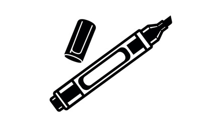 Fototapeta premium A black marker pen and its cap are shown against a white background, ready for use in drawing or writing.