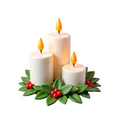 three candles, equal height, soft flames, subtle halos, wreath base, advent theme, calm devotion, warm light 3D Icon – Glossy Minimal Emoji Style, Isolated PNG object