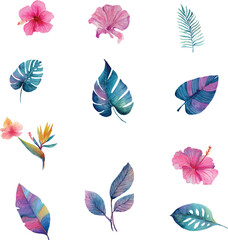 set of colorful flowers and leaves vector
