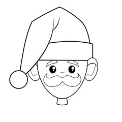 Man with a Moustache wearing a Santa hat clip art hand drawn black and white