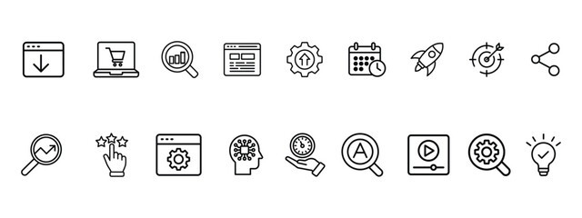 SEO, Search Engine Optimization thin line icons set. business, digital marketing strategy planning symbol. vector illustration.