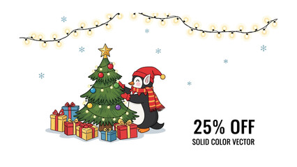 Festive Penguin's Holiday Decor: An illustrated penguin, donning a scarf and hat, enthusiastically decorates a vibrant Christmas tree with twinkling lights and wrapped gifts.