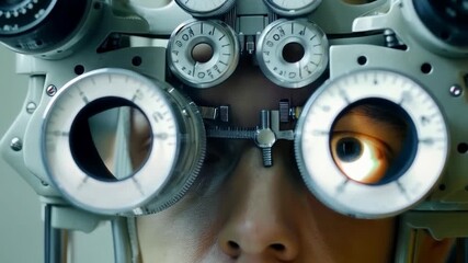 The child undergoes an eye examination using special medical equipment. Relevant for topics on children's health, eye disease prevention, medical services, and the importance of regular check-ups.
