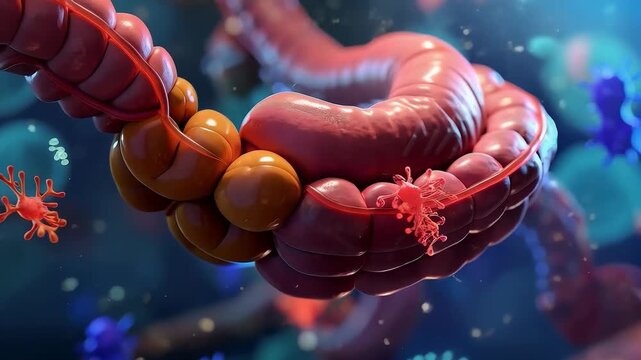 Three-dimensional visualisation of the intestine with bacteria, inflammation and infection. Illustrates problems with microflora and diseases of the gastrointestinal tract. Useful for medical articles
