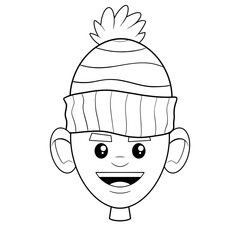 Boy smiling wearing a striped beanie hat clip art hand drawn black and white
