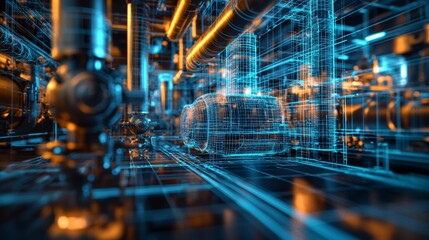 Abstract Industrial Machine Blueprint Visualization with Pipes, Valves, and Grid Network, Representing Engineering, Technology, and Futuristic Design