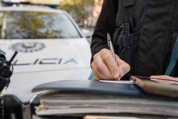 Police officer writing a report near a patrol car © Jorge