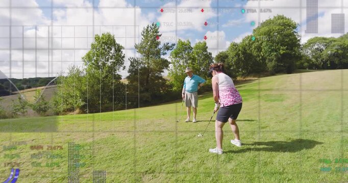 Woman gripping club, executing golf drive for analysis, man watching, graphs overlaying shot data